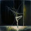 Placeholder: Minimal abstract oil painting of a dancer twisted limbs sinew. Amongst concrete fragments brutalist architecture and hanging wires illuminated at night. In the style of Justin Mortimer and Francis bacon