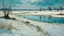 Placeholder: A cyan snowfield with falling snowflakes and a frozen lake painted by Vincent van Gogh