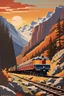 Placeholder: Create an acrylic-painted 1950s travel poster of a passenger train traveling through a mountain pass in the Rocky Mountains in the evening. Capture the sleek, classic design of the 1950s passenger train, its polished metal and vibrant colors reflecting the warm, golden hues of the setting sun. The train should be depicted winding gracefully through the rugged terrain, emphasizing its elegance and the excitement of mid-century rail travel. The surrounding Rocky Mountains should be portrayed with