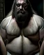 Placeholder: full figure shot photography of a burly chubby turkish prisoner , 55 years old shirtless in white dirty pants, long beard, long hair , in a dark prison, dirty, ugly, bullneck, muscular, manly chest, shirtless, bulge, misery and poverty, emotive eyes, photorealistic, ultradetailed, 32k, side view from below, dim light