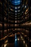 Placeholder: A large, international, electronically advanced, beautiful library full of books at night