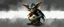 Placeholder: air brush 3d with pen outline, mongrel goblin gremlin holding big big bird with blurred shadow outline, charcoal fog border