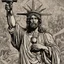 Placeholder: line tone, woodcut, engraved, wall street journal style, statue of cruicified Jesus of Liberty with a beard and wearing a cross and hanging from a cross, The statue male, hyperdetailed intricately detailed photoillustration ink drawing dystopian 8k resolution entire body of the statue is in the picture. digital illustration telephoto lens photography , same colors as the us treasury's one dollar bill, crucified"