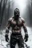 Placeholder: a man, muscular tough, shirtless, scarred, bruised, heroic, standing in a middle of a snowy wilderness, harsh cold climate, stormy, daylight, wearning an iron face mask cover, walking through storm, tough and strong vibes