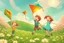 Placeholder: a father, a girl and a boy with a kite flying in the sky on the green field with flowers in sunshine