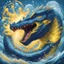 Placeholder: Sea Serpent in a rage blue and yellow scales shimmering with power as its enormous jaws spit out blasts of bubblebeam power, in card art style