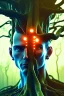 Placeholder: Cyberpunk theme, portrait of Oak tree roots holding man inside, misty sunny day, close-up portrait, symbios