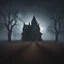 Placeholder: Hyper Realistic Haunted Dark Chapel between a Field & dry old tree at heavy foggy night