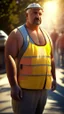 Placeholder: full figure shot photography of two turkish dirty burly construction workers chubby sweat 55 years old in tank top, safety vest, manly chest ,in queue on a sidewalk,, photorealistic, sunlight, summer, ambient occlusion