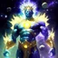 Placeholder: A divine being made from the combination of water and sun with cosmic powers and Dracula God-like man with infinite power who owns the galaxies and wears a beautiful crown A battle suit made of galaxies and stars with a glove that has seven endless stones with a mighty army behind him with hulk body