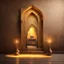 Placeholder: Hyper Realistic Bright-Glowing-Golden-Islamic-architecture on rustic-brown-rustic wall with embers