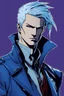 Placeholder: an illustration of vergil from devil may cry, with blue colored hair, with two pointy ears, wearing a blue trench coat