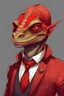 Placeholder: nervous salamander man dnd portrait anime style traveller clothes, red skin