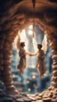 Placeholder: Harut and Marut are a pair of angels hanging upside down inside the well. They are said to tempt humans by teaching them the arts of sorcery, bokeh like f/0.8, tilt-shift lens 8k, high detail, smooth render, down-light, unreal engine, prize winning