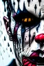 Placeholder: ultra detailed and highly realistic image of a gothic, scary clown, close up of him standing in the rain, the rain messed up his face makeup as it smudged of his face, chaotic, dramatic upclose view, 32k, splatter paint style