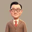 Placeholder: a portrait of smiling chinese man. carricature. black hair. short hair. fair skin. dark brown eye pupils. monolid eye. wearing rectangle glasses. big nose. big round face shape. formal dress. pixar style. 3D. 4k. portrait. highly detailed. sharp focus. high resolution. full color. cinema lighting