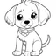 Placeholder: coloring page for kids age 2-5 years, she puppy with frock ,cartoon style,thick lines, extremely low detail,no shading,no grey color, very simple art,only 2 legs, 2 arms and 1 tail ,white background, Centre aligned,size of art smaller than background size