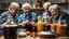 Placeholder: Elderly pensioners making wine. demijohns, fruit, yeast, sugar, equipment, all in a domestic pensioner's kitchen. Everyone is happy. Photographic quality and detail, award-winning image, beautiful composition.