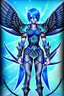 Placeholder: a person in runic armor with blue wings, blue short hair, runic tattoo and spell book