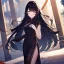 Placeholder: Clear focus, High resolution, cute, cartoon, black long fluffy hair, chopped bangs, wearing a chinese dress