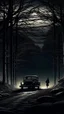 Placeholder: Dark Forest Drive: A couple in a car driving through a dense, dark forest with tall, shadowy trees. The headlights illuminate the eerie, twisted branches ahead, creating an ominous atmosphere.