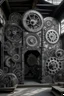 Placeholder: A gray steel factory with gears designed in Javanese shadow puppets painted by Gustav Klimt