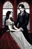 Placeholder: a vampire in a Victorian-style dress with a pale face, black long haired bites neck a beautiful young woman and sucking blood, she wears a wonderful victorian-goth lace dress. a faint melancholy smile on his face, his eyes closed. Gothic-style room in the background, semi-darkness, the light of the full moon shines through the large window onto the horror scene, high detailed, high realistic, sharp focus, masterpiece