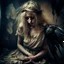 Placeholder: In a lucid dream I meet a fallen angel, blindfolded with old cotton rags, blond wild hair, tired and disconsolate, an old cartoon dress draped over her shoulders, head bent down, damaged skin. She is accompanied by a blind crow on her shoulder. Subtle light, dark grunge background, a grunge overlay. Small depth of field, blurred image. Surrealistic lighting.