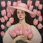 Placeholder: A portrait of a young woman in a hat holding a bouqet of pink tulips at her chest painted in acrylics by Klimt