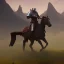 Placeholder: medieval knight traveling on a horse surrounded by mountains