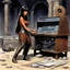 Placeholder: [art by Ray Harryhausen] a youthful Caroline Munro cautiously approaches the weathered and worn console, the most clever ordinateur in the universe. The once gleaming machine now bears the marks of time, covered in a layer of rust and dust that speaks of ages past. Despite its aged appearance, the user is granted access to a realm of knowledge and possibilities beyond her wildest dreams. The power and intelligence contained within this ancient ordinateur are shrouded in mystery, its mechanisms