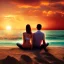 Placeholder: 2 lovers watching the sunset sitting in the sand on a sand island