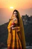 Placeholder: A photorealistic depiction of the Sari Gelin (Yellow Bride) from Azerbaijani folklore. She stands gracefully in a traditional golden wedding dress with intricate embroidery, holding a red pomegranate. The backdrop features the ancient fortress of Shusha at sunset. Her expression is melancholic yet beautiful, with ethereal lighting that creates a heavenly glow. Cultural symbols like traditional jewelry and historic patterns are accurately represented.