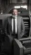 Placeholder: italian strong massive big chubby 50 year old man in smart gray suit, manly chest, unbuttoned shirt, short beard, shirtless, printer in an old printing house, next to a huge old printer, dim light, side light, ambient occlusion