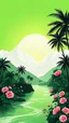 Placeholder: MINIMALIST BW ART - The background features a radiant sunrise GREEN gradient with white mountains ,PALM TREE and flowers gaden ALL COLOR ROSE FLOWER river at the image's base.bold painting style