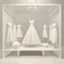 Placeholder: Design a booth to display wedding dresses at an exhibition. Inside it is a fitting room and a reception table In a simple, modern style, open from all sides White color, including rectangular mirrors in its design