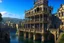 Placeholder: medieval buildings with balconies overhanging lake edge with blue sky and people, photorealism detailed matte painting, deep colour, fantastical, intricate detail, splash screen, concept art