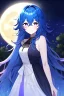 Placeholder: girl, masterpiece, best quality, cinematic lighting, detailed outfit, vibrant colors, perfect eyes, blue hair, very long hair, purple eyes, messy hair, hair between eyes, outdoors, moon, night sky, starry sky,