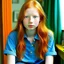 Placeholder: pretty girl, aged 12, ginger, conventionally attractive, bright clothes, realism, jeans, dreamy, tight top