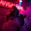 Placeholder: A exhaust pipe performing at dance club, his name is "exhaust pipe" and looks crazy, looks very aggressive look, Neon lights and smog, "AVGASRÖR" SIGN ON WALL