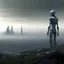 Placeholder: humanoid in an alien landscape. city in the distance