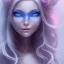 Placeholder: visage souriant, fée magicienne fantasy bleu et rose grands yeux bleus, cheveux long blond