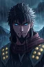 Placeholder: warrior man portrait ,3d anime, professional anime art, pale lights, rain, storm, sharp focus, mountain, crepy, dark fantasy landscape, random background