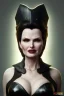 Placeholder: Geena Davis as evil queen in black leather, leather, busty, cleavage, angry, rage, stern look. character design by cory loftis, fenghua zhong, ryohei hase, ismail inceoglu and ruan jia. unreal engine 5, artistic lighting, highly detailed, photorealistic, fantasy