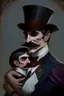 Placeholder: Strahd von Zarovich with a handlebar mustache wearing a top hat hugging a Harengon