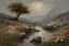 Placeholder: grey sky with one planet in the horizon, rocks, mountains, puddle, flowers, spring, epic, friedrich eckenfelder impressionism paintings