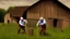 Placeholder: young and old people working in the field near medieval barns