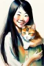 Placeholder: A cute smiling asian girl is holding a cat. Watercolour