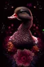 Placeholder: psiduck, out her mind, beautiful colorfully flowers and star pattern on fur front facing dark smooth colors high contrast background darkred tones,