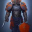 Placeholder: a fierce warrior in full navy blue and orange battle armor, with an S shaped shield, a highly detailed illustration, background of Inka jungle, realistic render, 8 k, micro detail, intricate, elegant, centered, digital painting, Artstation, smooth, sharp focus, illustration, artgerm, tomasz alen kopera, peter mohrbacher, donato giancola, joseph christian leyendecker, wlop, boris vallejo